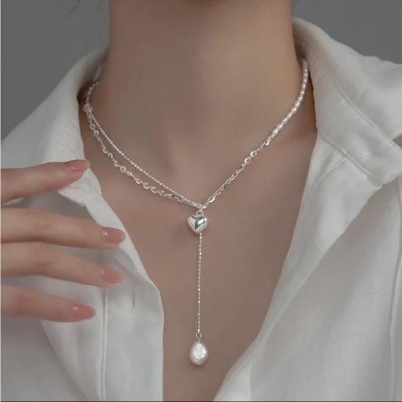 New Silver Pearl Asymmetrical Heart Necklace - Picture 2 of 6